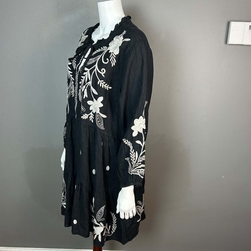 Johnny Was Linen Dress Large Lagenlook Bird Floral Tiered NWT Nature Earthy - Picture 6 of 12